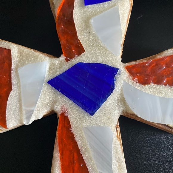Mosaic Tile On Wood Cross Religious Wall Art Cream Orange & Blue 8”x5”x1” - Picture 5 of 12